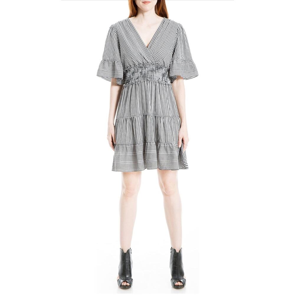 Max Studio Women's Flutter Sleeve Tiered Short Dress Black & White Size: Small
